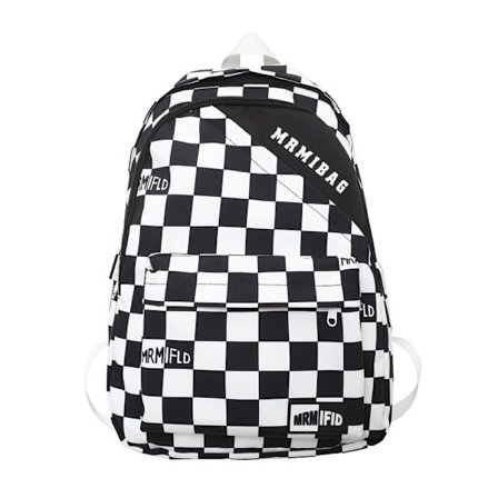 Klein student skolväska dam blå schackbräde skolväska ny stor kapacitet student ryggsäck för mellanstadieelever-svart