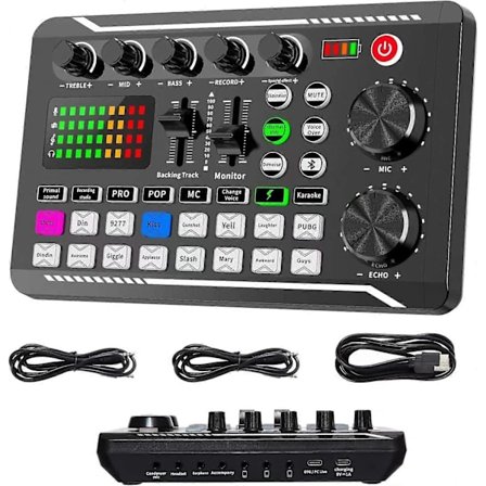 Live Lydkort og Audio Interface med DJ Mixer Effekter og Stemmeændrer, F998 Bluetooth Stereo Audio Mixer