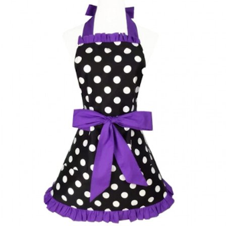 Sødt køkkenforklæde Vintage sort prik Vintage flæsekant Vintage madlavningsforklæde med lommer, damer og pigers stil (lilla)