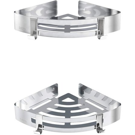 Duschhörnhylla, Hörnhylla med krokar 2-pack, Självhäftande lim, Rostfritt stål