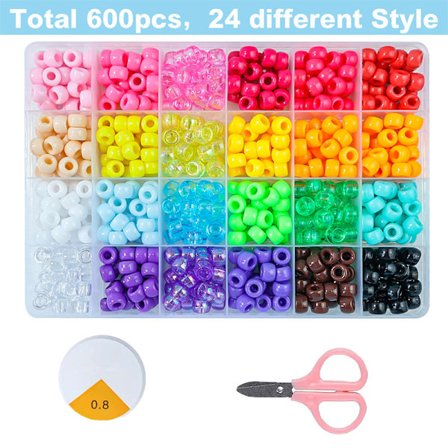 600 stk 24-fargers Pony Beads-sett med oppbevaringsboks, elastiske tråder og saks: Assorterte hårperler for fargerik fletter og vennskapsarmbånd