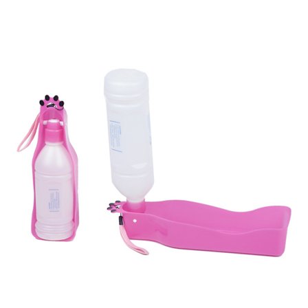 Koiran vesipullo kävelyyn seisontahihnalla, kannettava lemmikkieläinten juoma-annostelija kiinnitetyllä kulholla matkustamiseen - pinkki 350 ml