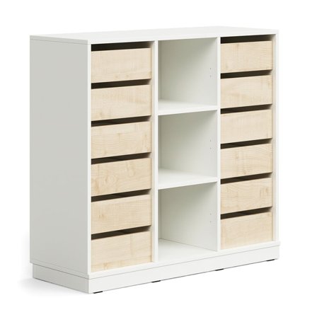 Student storage CASPER, 12 drawers, 3 compartments, base frame, white/birch