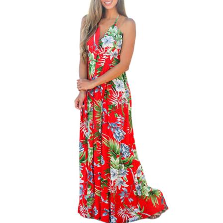 Dam Sling Blommig Lång Klänning Maxi Casual Sundress Print Sommar