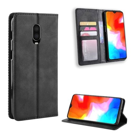 OnePlus 6T vintage Malli nahkainen flip suojakotelo - Musta