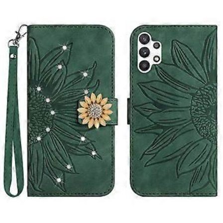 Kompatibel med Samsung Galaxy A32 5G Präglad Solros med Diamanter Magnetisk Korthållare Plånboksfodral med Kort Rem - Grön