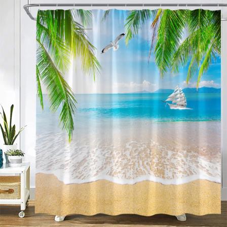 Skymning Solnedgång Strand Duschgardiner Tropiskt hav Palmträd Skog Vattenfall Naturlandskap Tyg Heminredning Set 393ZF 180x230cm-70x90in