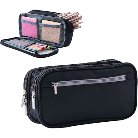 Stor Kapacitet Lærred Blyantspose 3 Rum Taske Multifunktionel Markør Pen Pung Holder Kontor College Skole Til Dreng Mand Teenager Studerende Voksen (