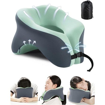 Nackkudde Memory Foam Komfort U-formad Resekudde 360° Huvudstöd Kudde Justerbart Spänne Grön