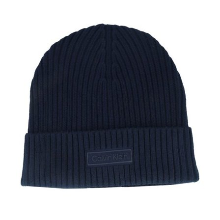 Calvin Klein - Blå cuff Beanie - Patch Chunky Rib Cotton Beanie Dark Sapphire Cuff @ Hatstore