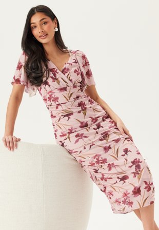 Bubbleroom Occasion - Butterfly Sleeve Mesh Ankle Dress - Light pink/Floral - Kläder