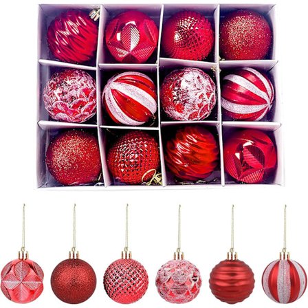 Julgranskulor för julgran, 12-pack 2,4 tum/6 cm krossäkra röda julgranskulor med julgransprydnadshållare för julhelgsbröllopsfestdekoration
