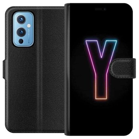 Kompatibel Tegnebogsetui til OnePlus OnePlus 9 Minimalistisk neonbogstav Y i farveskiftende lys mod sort baggrund