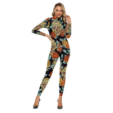 Kvinder Sexede Langærmede Rompers 3d Print Bodycon Workout Jumpsuit A2 L