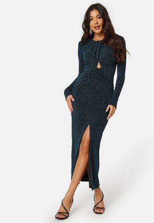 FOREVER NEW Shayna Ruched Front Long Sleeve Midi Dress Teal Glitter Klær
