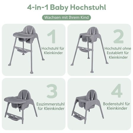 4 i 1 barnstol barnstol med avtagbar bricka babybarnstol grå