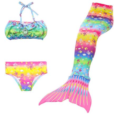 Sommarflicka sjöjungfru stjärt med monofin Halloween kostym prinsessa klänning baddräkt bikini badkläder för simning V 150cm(11-12T) 3PCS without 
