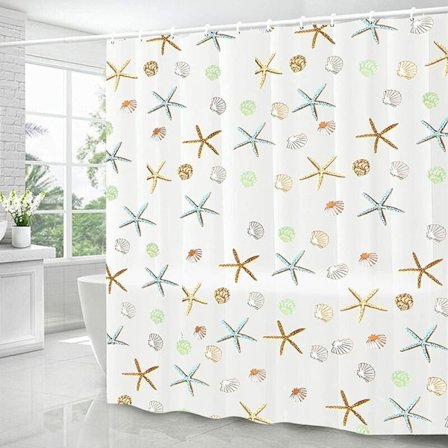 Duschdraperi, Vattentät och Mögelbeständig PEVA Duschdraperi, med 12 Duschdraperiringar, Sjöstjärnemönster 180x180cm