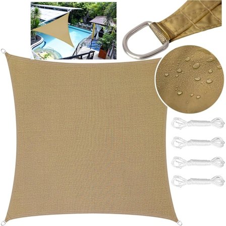 Suorakulmainen kolmionmuotoinen varjopurje PES-polyesteristä, vedenpitävä, UV-suojalla ja kiinnitysköydellä (2 x 2 m, hiekanvärinen)