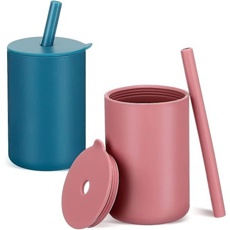 2 Stk. Kop Silikone Småbørns Drikkekop Med Silikone Sugerør, Silikone Sugerørskop Spildsikker Tudkop Til Over 6 Måneder (blå Og Pink)