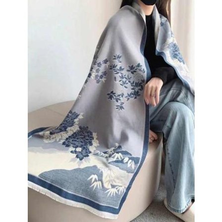 1 stk. Skjerf for kvinner Kasjmirfølelse Farge Langt sjal Skjerf Dusk Trykt mønster Hold varm Silkeaktig Myk Ull Mote Store sjal og omslag blu