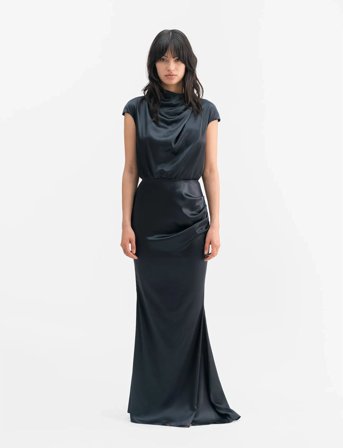 Ahlvar Gallery Myra Satin Dress - Navy - L