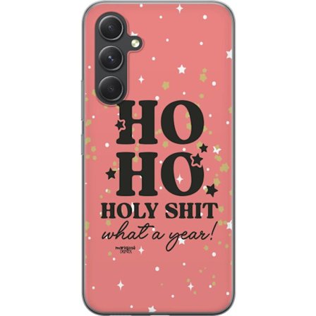 Kompatibelt Mobilskal till Samsung Samsung Galaxy S24 HO HO Holy Shit What a Year humorsitiskt rosa julmotiv med glitterstjärnor perfekt för trendig