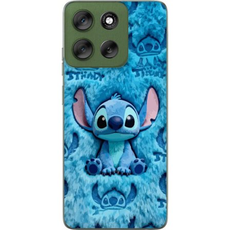 Kompatibel Mobilcover til Motorola Motorola Moto G56 Stitch sidder på fluffy blåt mønster med sit ansigt og ører gentaget som tekstur, hvilket ska