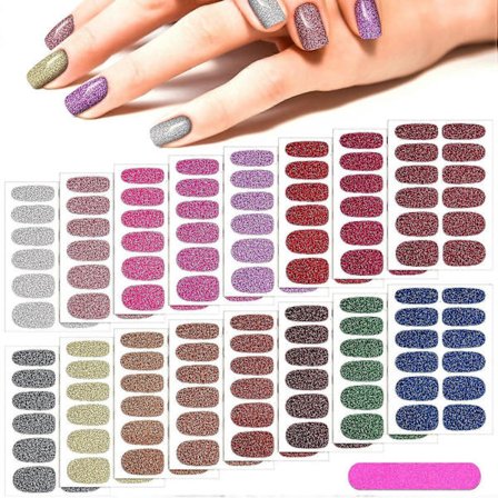 16 Ark Glitter Nagelomslag Nagellack Dekaler Självhäftande Nagelkonst Dekaler Remsor i Solida Färger med 2 Stycken Nagelfil för Kvinnor Flickor DIY 