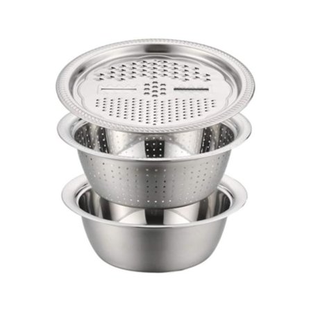 3-Rive Multifunktionel Hvederive med Si og Serveringsskål i Sølvfarvet Rustfrit Stål 26 cm til Ris Leacutegu248