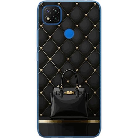Kompatibelt Mobildeksel til Xiaomi Redmi 9C NFC Luksuriøs svart veske mot quiltet bakgrunn