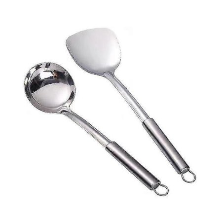Skovlformet ske i rustfrit stål med stålhåndtag, holdbart non-stick køkkensæt, sølv