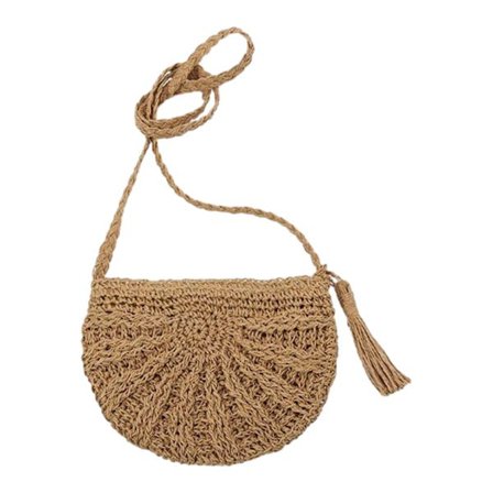 Kvinnors halmvävda axelremsväska för strand, handgjord, med fransar