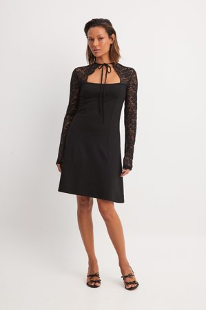 May Ridts x NAKD Lace Sleeve Jersey Mini Dress - Festkjoler - Sort - S