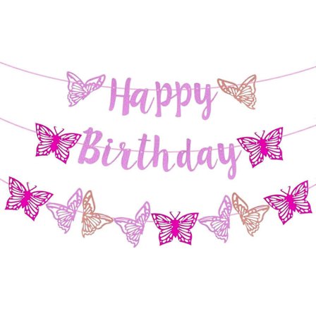 Fjäril Grattis på födelsedagen Banner, Rosa Glitter Grattis på födelsedagen Banner Fjäril