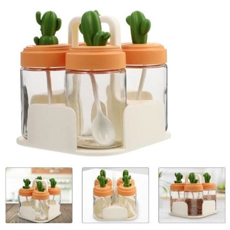 Krydderiglas - Kaktus - Glas med ske - 4 stk. - Moderne design - 14,5x14,5x15,5 cm