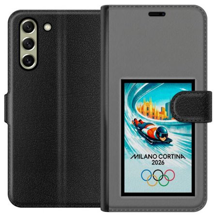 Kompatibelt Lommeboketui til Samsung Galaxy S21 FE 5G Dynamisk bobslede eller skeletonkjører i iskanal med Milano Cortina 2026, bysilhuett og olympisk