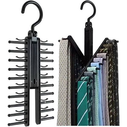 Sæt med 2 sorte slipsbælte-arrangør frakkebøjle Anti-slip klemmeholder, roterer 360 grader, holder sikkert 20 slips