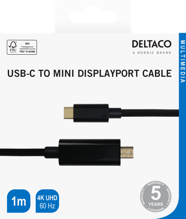 Deltaco USBC miniDisplayPort cable 4K UHD gold plated 1m black