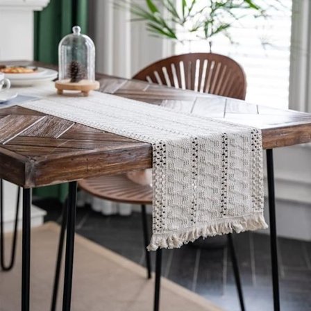(Beige) Rustik macrame bordløber, beige, boheme stil med frynser, til spisebord, bryllup - 30x180cm