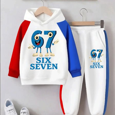 Nytt Høst-Vinter Unisex Fargeblokksett, Tegneserie Nummer 67 Hettegenser + Joggebukse, Varmt Komfortabelt Trendy Todelt Antrekk for utendørsbruk