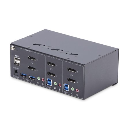 StarTech 2-Port Dual-Monitor DisplayPort KVM Switch, 4K 60Hz, 2x USB 5Gbps Hub Ports, 2x USB 2.0 HID Ports, Hotkey and Push-Button Switching, TAA