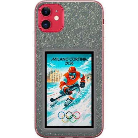 Yhteensopiva Puhelinkuori Apple iPhone 11 Curlingkuvitus pelaajilla ja kivillä jäällä, Milano Cortina 2026, lumisia roiskeita ja olympiasormukset