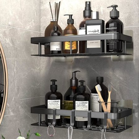 Dusjhylle, 2 stk Dusjkurv, Dusj Caddy uten boring, Badhylle Selvklebende eller Utskjært, Dusjarrangør med 5 Klebeflater og 4 Ho