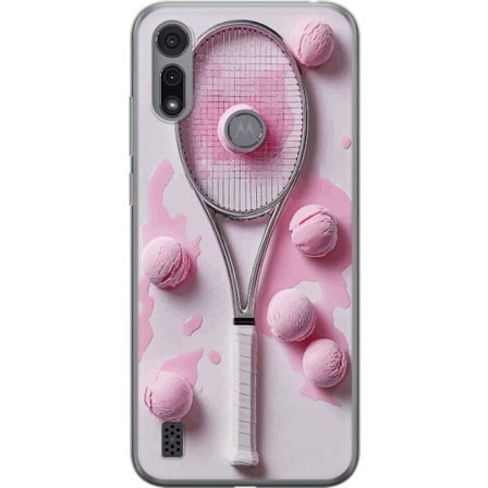 Kompatibel Mobilcover til Motorola Motorola Moto E6i Rosa glaskugler og tennisketsjer i et kreativt stillbillede med legende popfølelse og moderne de