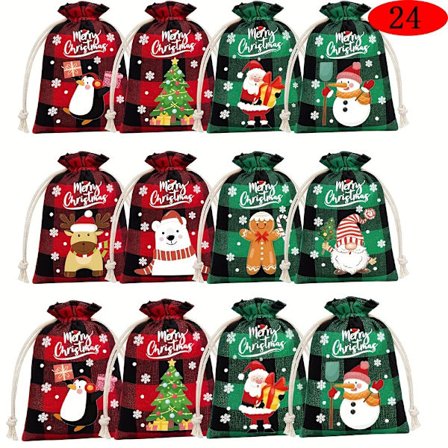 24 stk. juleposer med snøring - Rød & Grønn Rensdyr, Snømann, Pingvin, Nisse Mønster, Festfavoritter, Godteposer, Emballasje [GPA]