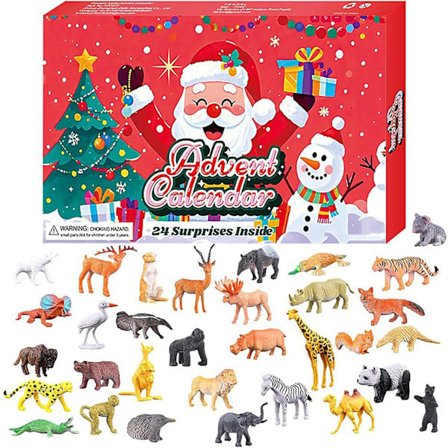 2025 Julekalender til børn med dyretema, med 32 realistiske dyrefigurer.