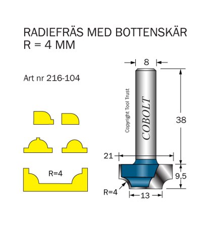 Cobolt 216-104 Radiusfres R=4 D=21/13 L=9,5, Maskintilbehør & forbruk