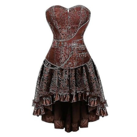 Eurooppalainen steampunk-merirosvopuku naisille, korsettimekko, nyörityshellalla varustettu hame, plus-koko, ruskea vetoketju, tekonahkainen 