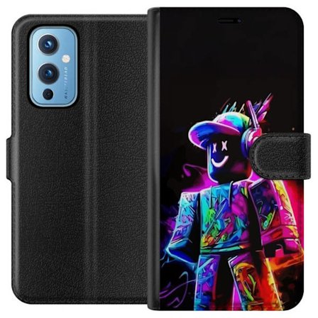 Kompatibel Tegnebogsetui til OnePlus OnePlus 9 Farverig Roblox-spiller i neonfarver mod sort baggrund i moderne gamingstil